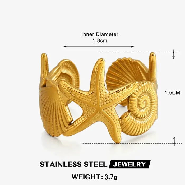 Vintage Stainless Steel Ocean Ring Starfish Conch Crab Fish Adjustable Jewelry