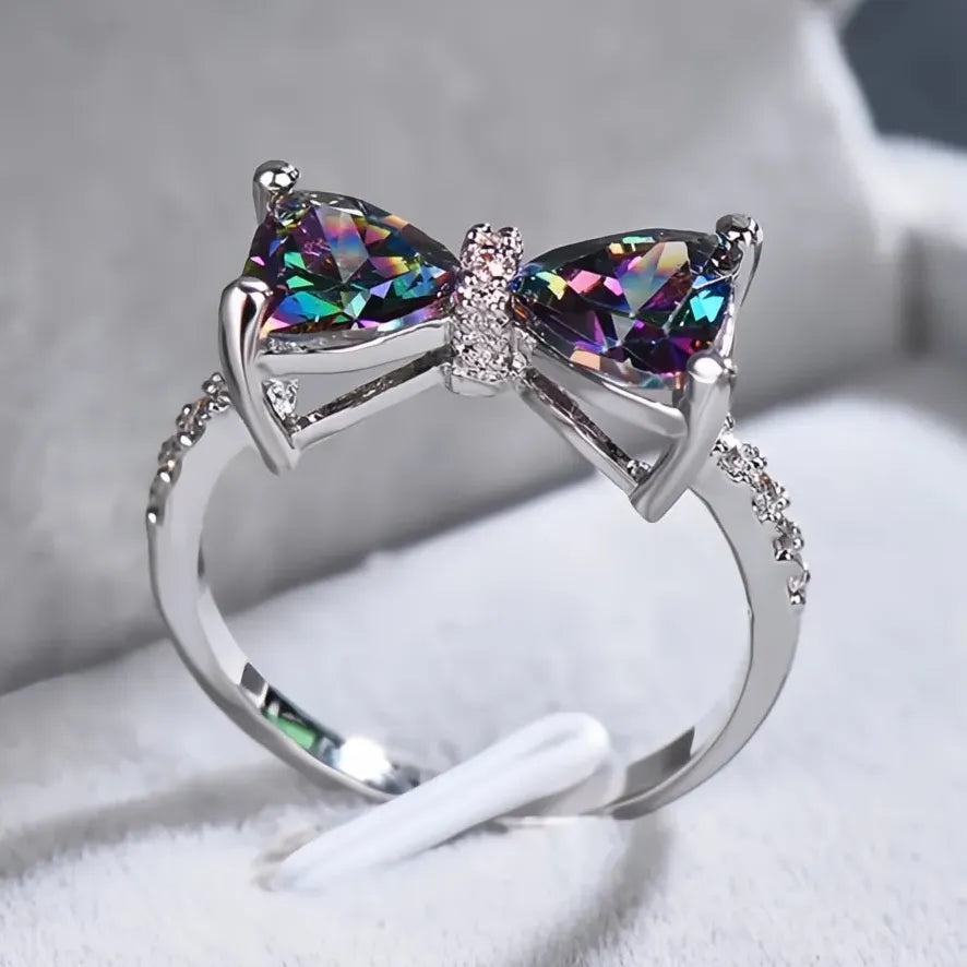 Personality Multi-colored Cubic Zirconia Bow Ring for Women Wedding Party Jewelry Gift