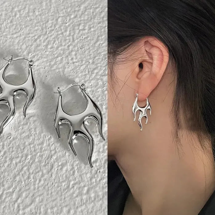 Gold Color Geometric Flame Hoop Earrings for Women Punk Fashion Jewelry