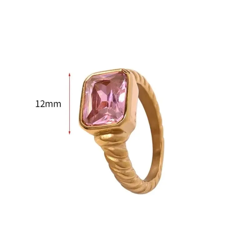 18K Gold Plated Stainless Steel Square Multi-Color Crystal CZ Chunky Ring