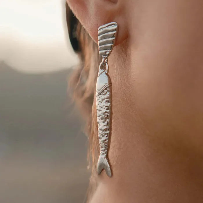 Retro Titanium Steel Fish Drop Earrings Long Gold-Plated Jewelry