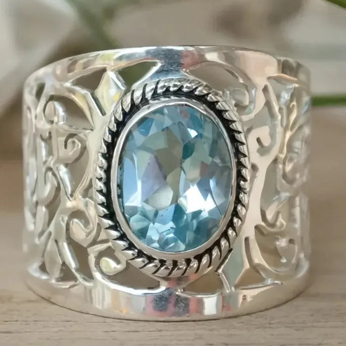 Wide Hollow Zinc Alloy Ring with Oval Sky Blue Glass Stone for Women