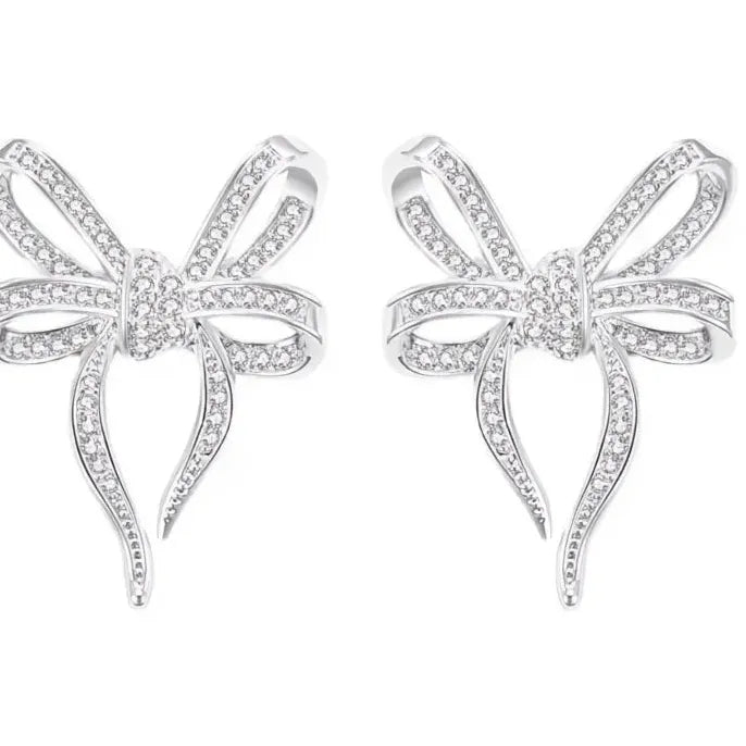 Bow Shaped Cubic Zirconia Stud Earrings Romantic Wedding Copper Alloy Jewelry