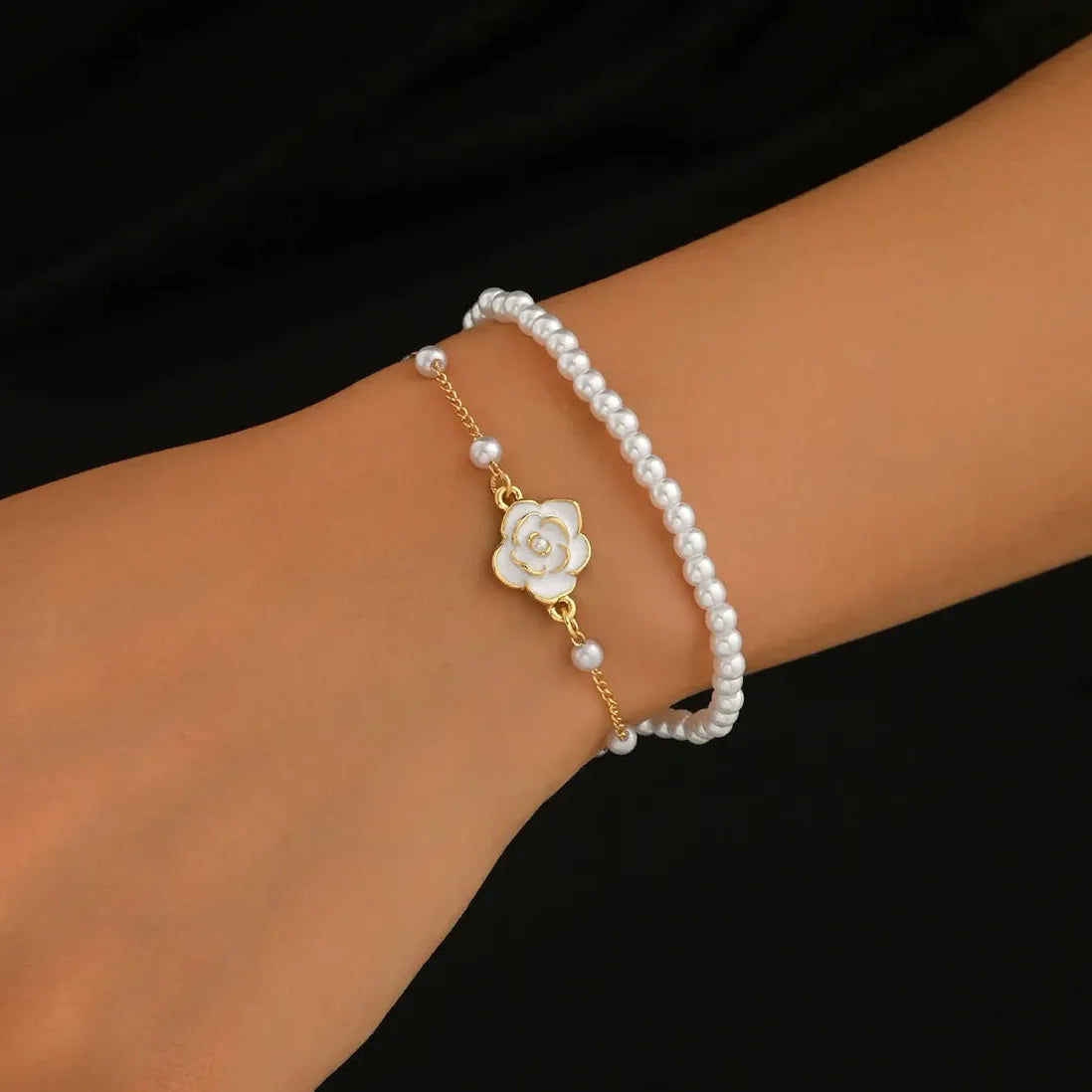 Vintage Double Layer Imitation Pearl Bracelet Featuring White Camellia Flower for Women