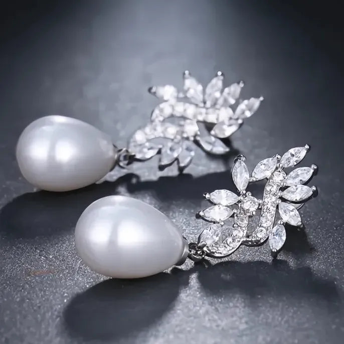 Geometric Water Drop Pearl Earrings with CZ Inlay Copper Alloy Jewelry for Women