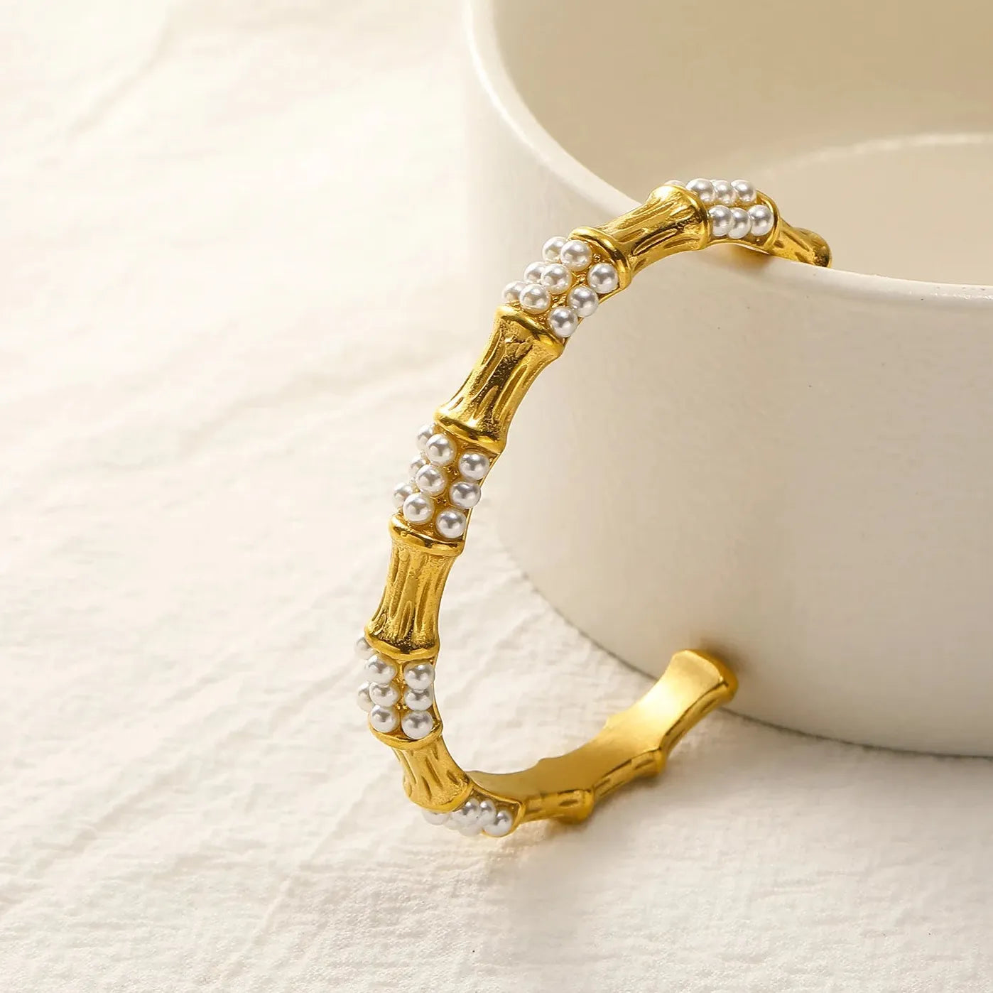 18K Gold Open Bamboo Pearl Bangle CZ Zircon Waterproof Bracelet for Women