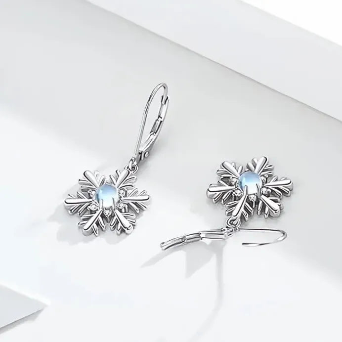 Silver Snowflake Drop Earrings with Imitation Moonstone Holiday Gift