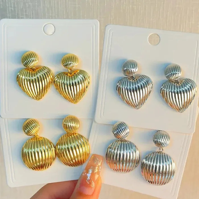 Striped Heart Drop Earrings for Women Gold Zinc Alloy Retro Ball