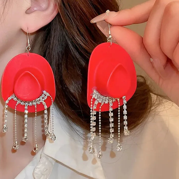 Cowboy Hat Tassel Earrings Women Copper Alloy Rhinestone Drop Y2K Jewelry