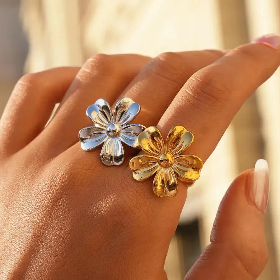 Vintage Stainless Steel Flower Opening Ring Heart Petal Jewelry for Women Men Gift