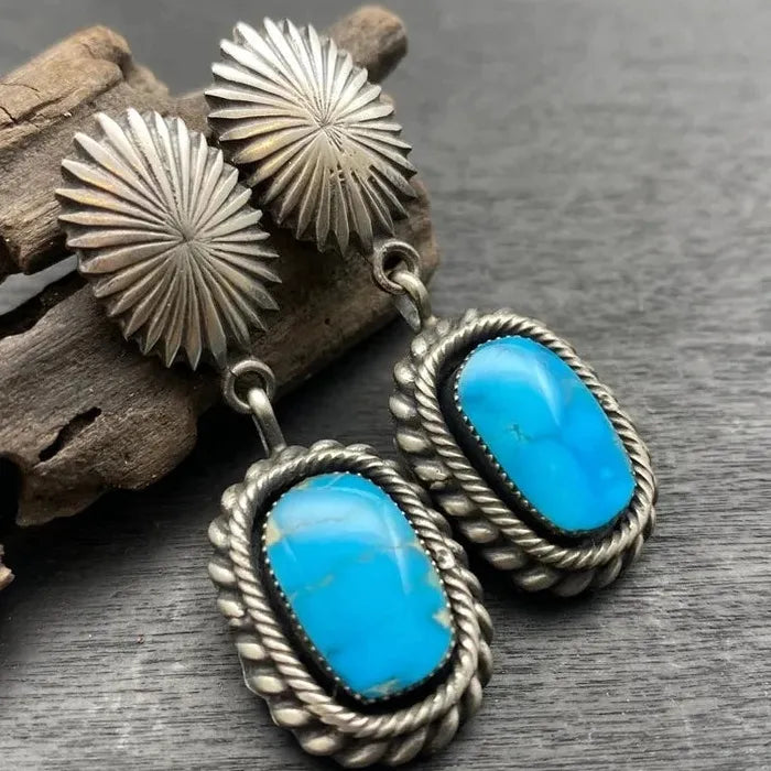 Vintage Blue Stone Geometric Drop Earrings Bohemian Ethnic Silver Zinc Alloy
