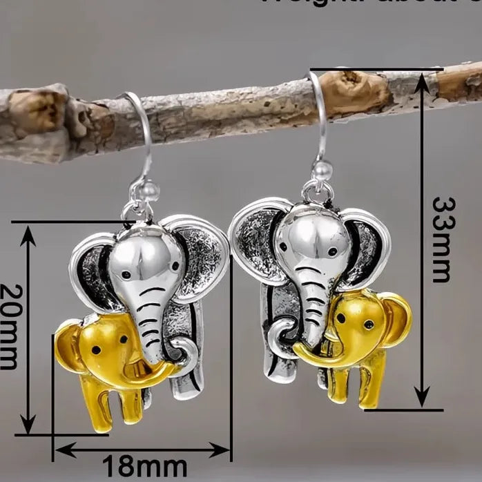 Vintage Brass Mother and Baby Elephant Dangle Earrings for Women Gift