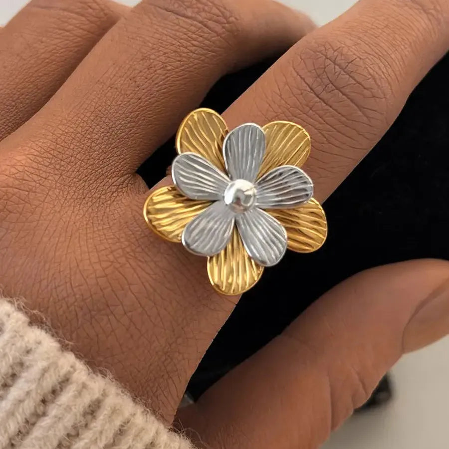 Stainless Steel Flower Rings for Women Men, Gold Silver, Double-Layer Open Band
