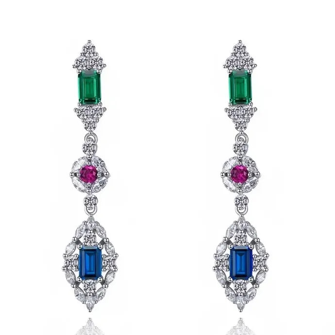 Women Geometric Drop Earrings Brass CZ Red Green Blue Sparkling Jewelry