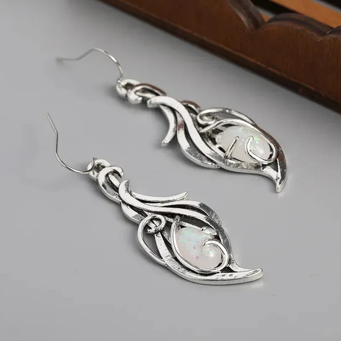 Oval Fire Opal Drop Earrings for Women Bohemian Silver Zinc Alloy Jewelry Gift
