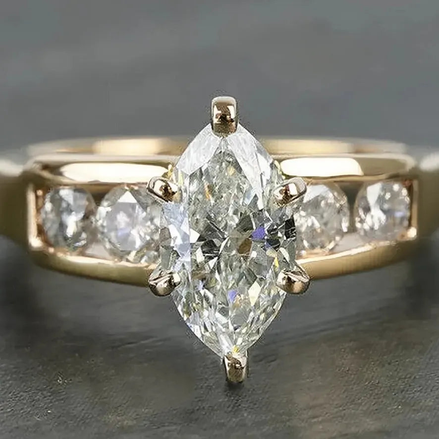 Gold Marquise Cubic Zirconia Wedding Eternity Brass Ring for Women