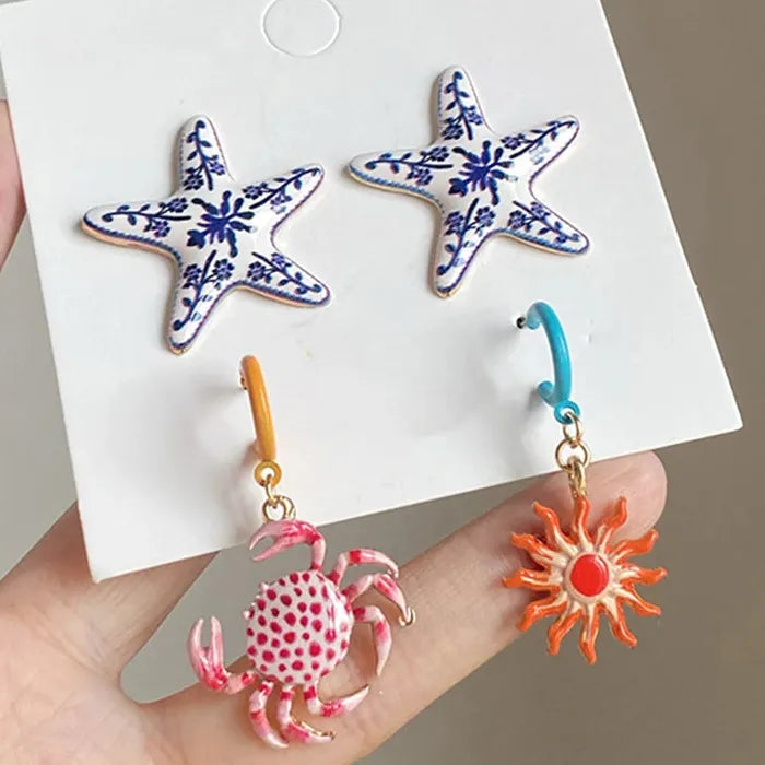 Crab Sunflower Zinc Alloy Drop Earrings for Women Summer Beach Gift