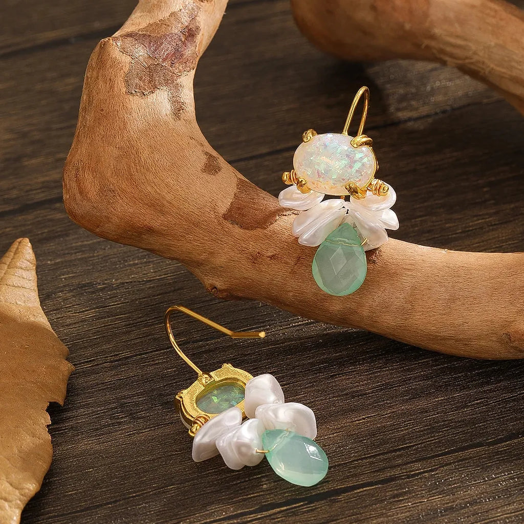 Creative Geometric Pearl Double Drop Round Stone Resin Zinc Alloy Earrings for Women