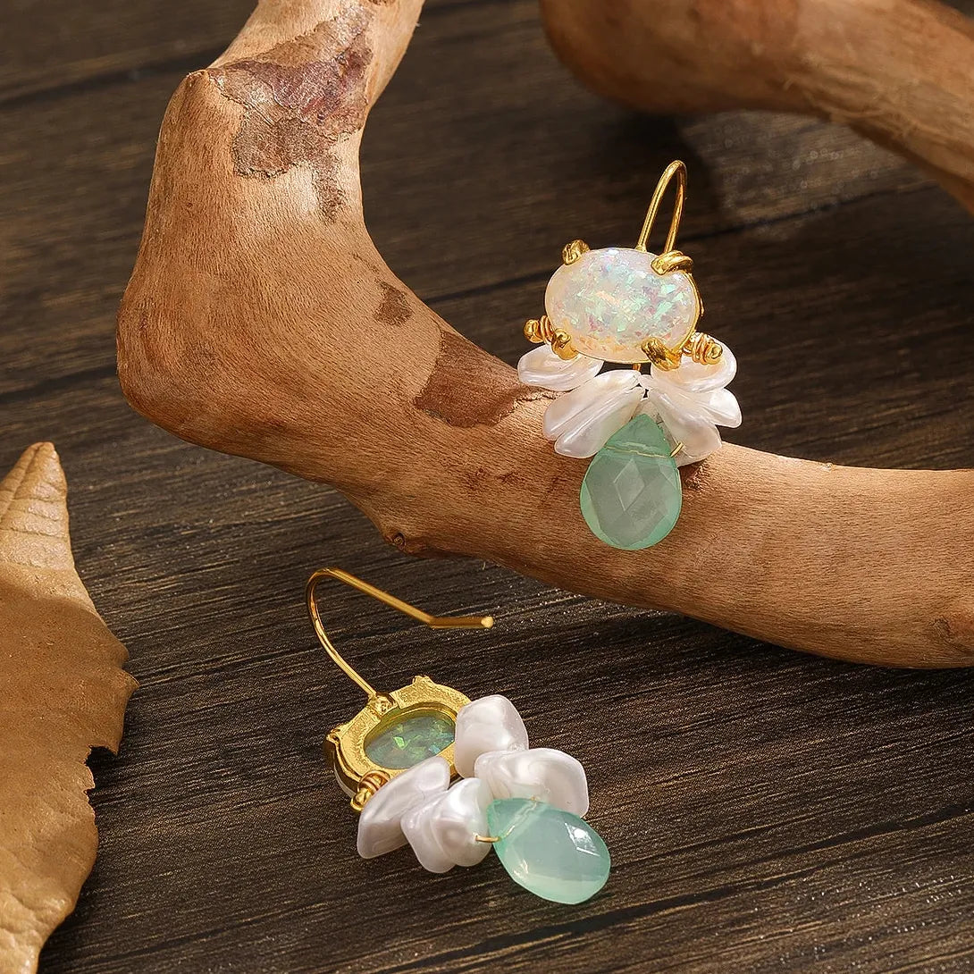 Creative Geometric Pearl Double Drop Round Stone Resin Zinc Alloy Earrings for Women