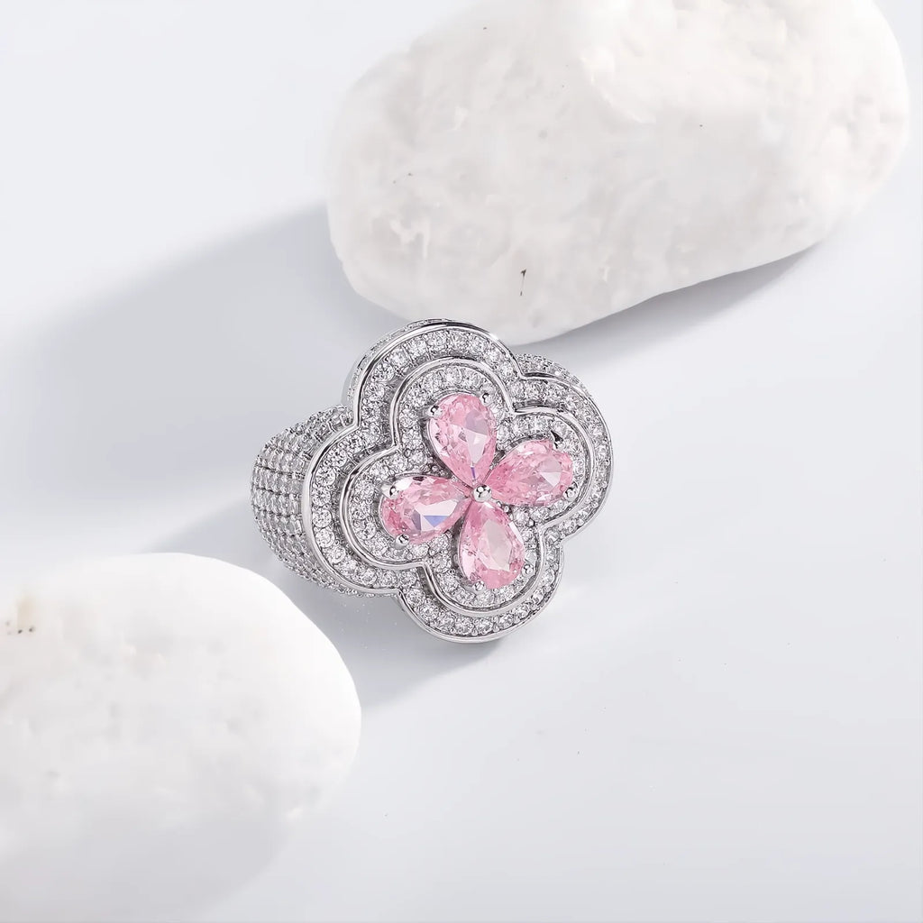 Iced Out Colorful Four Leaf Flower Ring Micro Pave CZ Bling Men Women Jewelry
