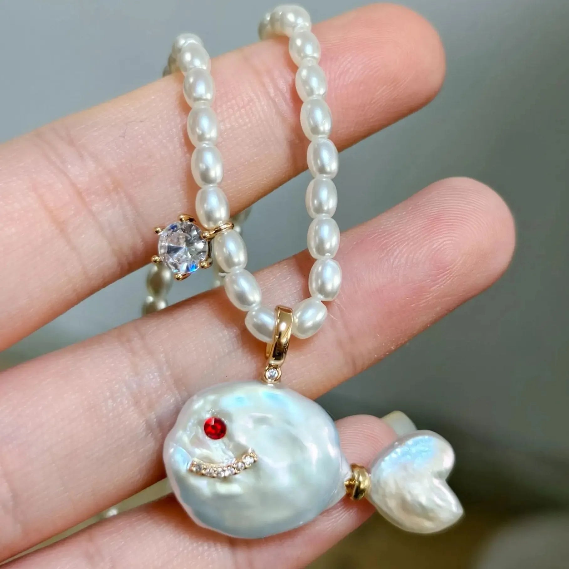 Geometric Irregular Freshwater Pearl Necklace Pink Fish Crab Pendant Choker Jewelry