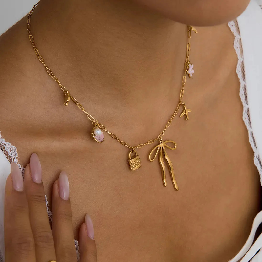 18K Gold Plated Stainless Steel Pink Shell Flower Bowknot Pendant Necklace Women