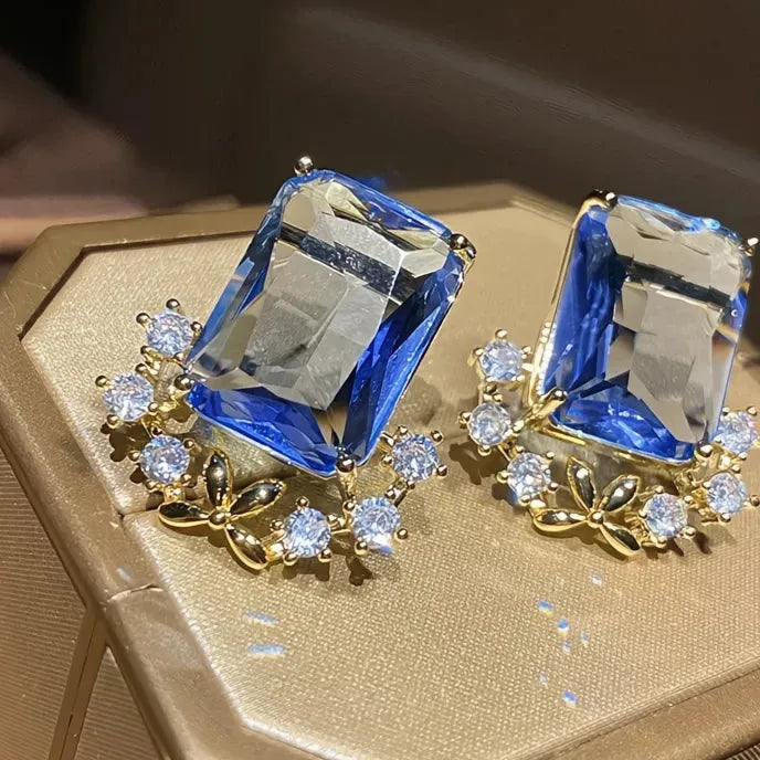 Aesthetic Women Geometric Cubic Zirconia Stud Earrings Blue CZ Wedding Jewelry