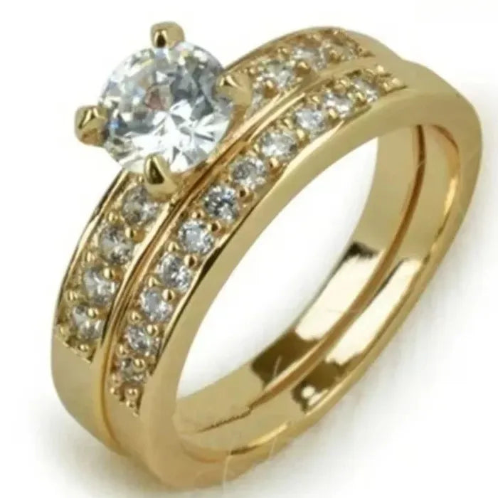 Luxury Gold Color Metal Couple Ring with Imitation Crystal Bridal Engagement Jewelry