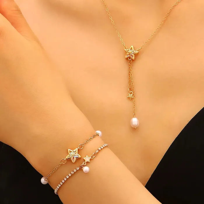 Zinc Alloy Star Zircon Stud Earrings with Bow Pearl Necklace & Bracelet Set