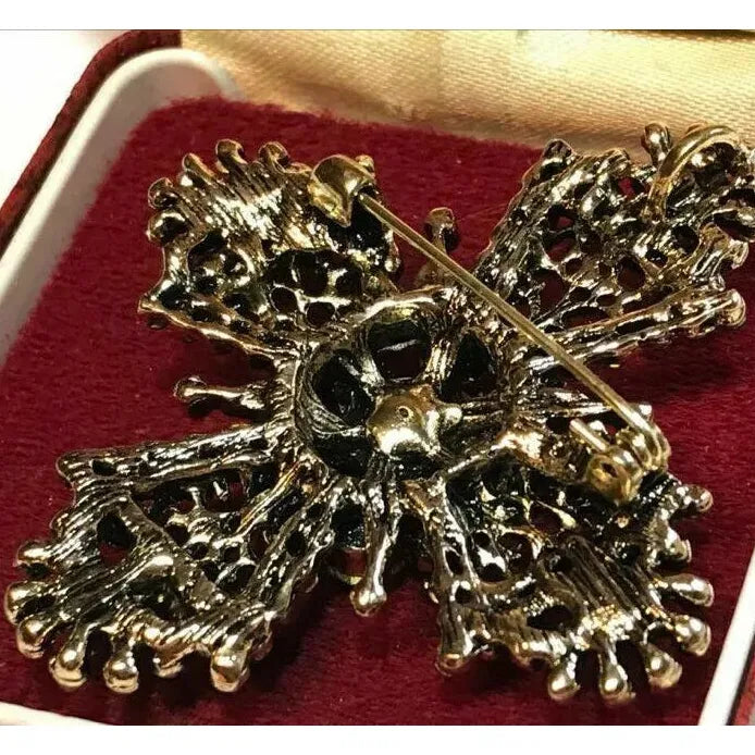 Vintage Maltese Cross Brooch Pendant with Red and Green Crystals