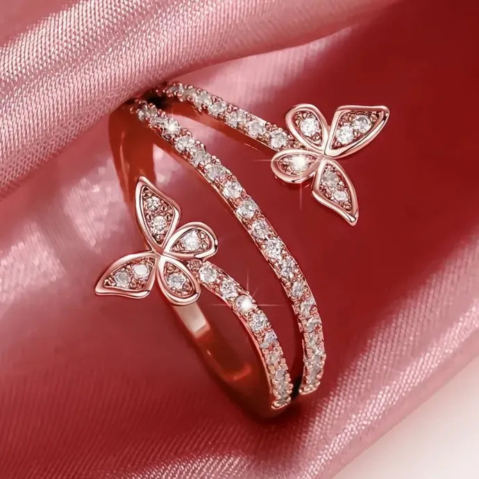 Delicate Silver Butterfly Brass Ring with Cubic Zirconia for Women Wedding Party Jewelry