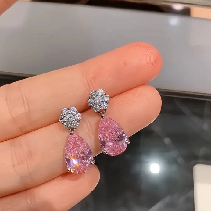 Pear Shape Pink Cubic Zirconia Dangle Earrings Silver Tone Jewelry