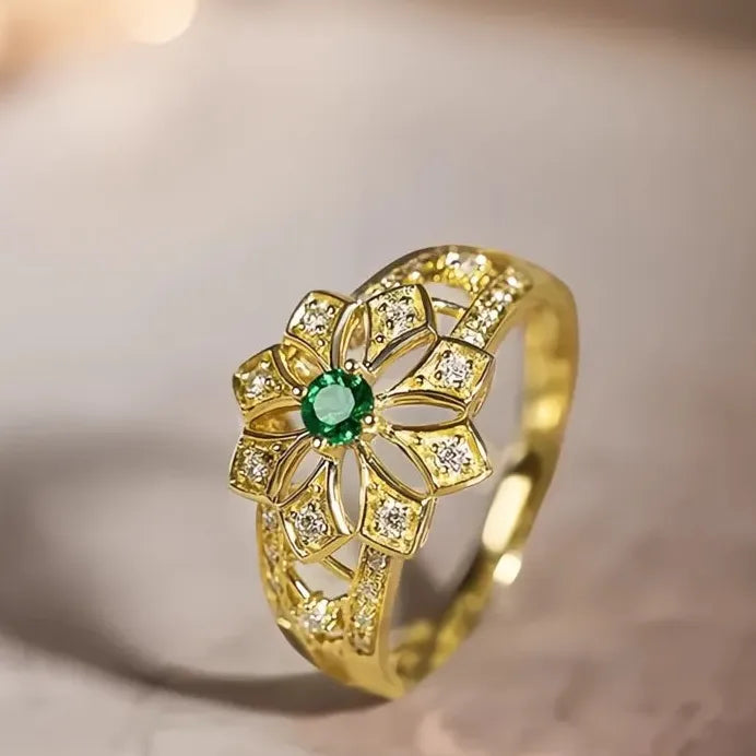 Geometric Green Cubic Zirconia Flower Ring for Women Wedding Gift