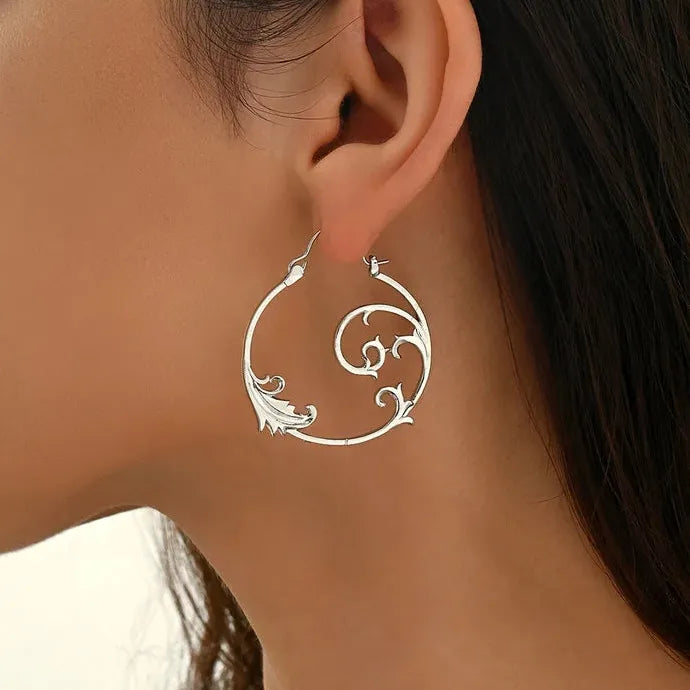 Vintage Silver Copper Metal Carved Geometric Spiral Drop Earrings Women