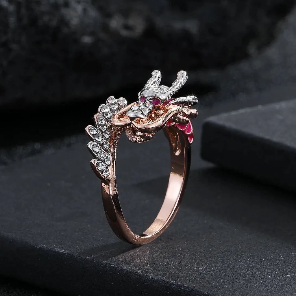 Rose Gold Dragon Ring for Women Zinc Alloy Metal Inlaid White Stone Jewelry