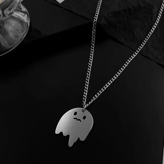 Stainless Steel Geometric Sad Ghost Pendant Necklace Unisex Gift