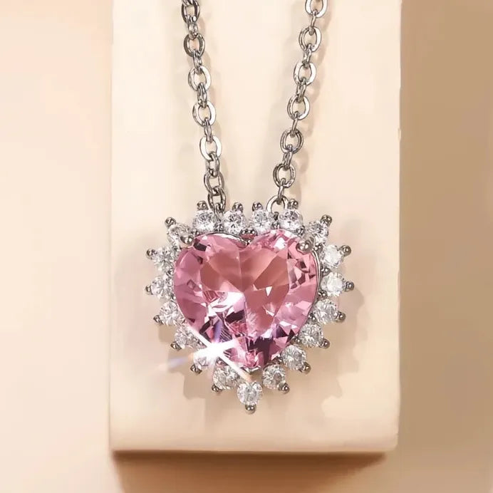 Pink Heart CZ Pendant Necklace Romantic Wedding Engagement Gift Jewelry