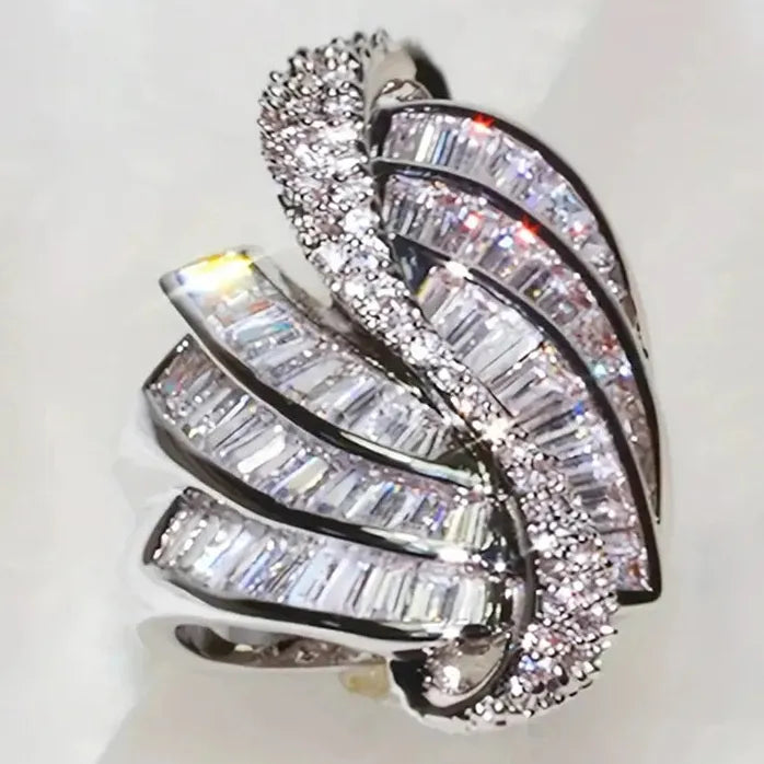 Geometric Cubic Zirconia Crystal Wedding Engagement Ring for Women Brass