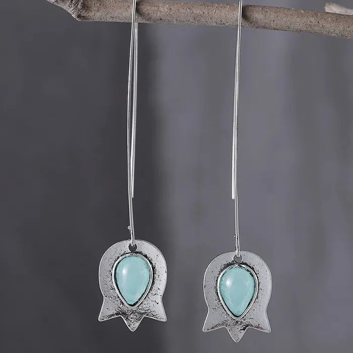 Vintage Floral Tulip Sapphire Inlaid Drop Earrings Zinc Alloy Jewelry for Women
