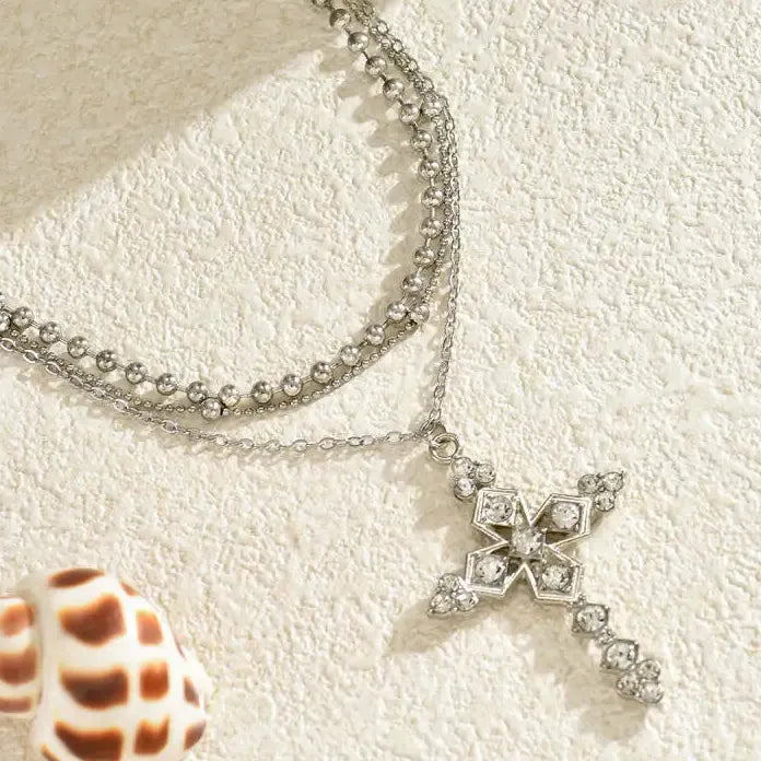 Neo-Gothic Rhinestone Cross Pendant Necklace Punk Choker for Women