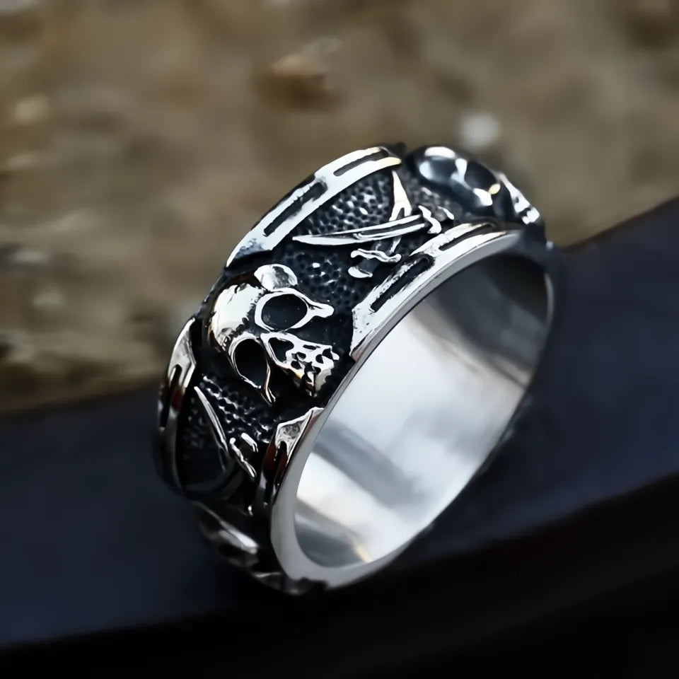 316L Stainless Steel Punk Vintage Skull Pirate Double Knife Ring Unisex Biker Jewelry Gift
