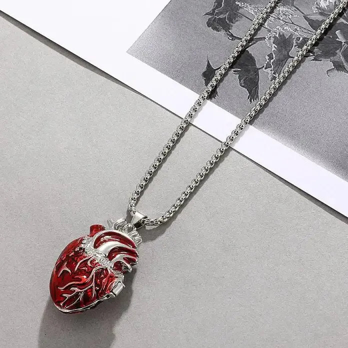 Gothic Rose Red Love Necklace Women’s Y2K Grunge Silver Tone Copper Heart Pendant Jewelry