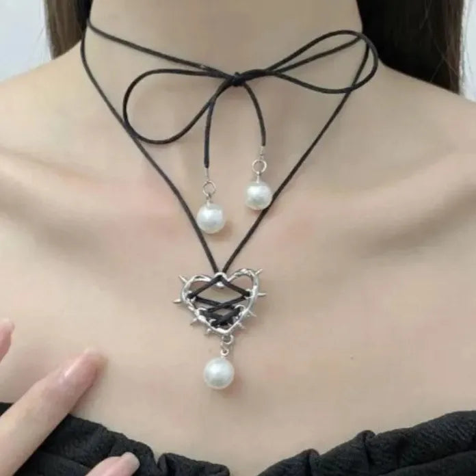 Pink Black Bow Tie Heart Pearl Pendant Necklace for Women Jewelry