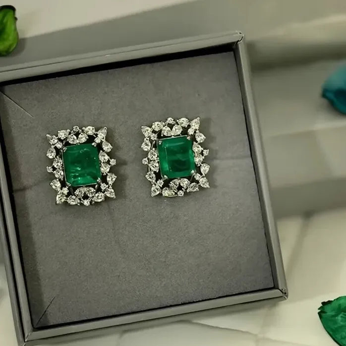 Brilliant Green Cubic Zirconia Geometric Stud Earrings in Copper Alloy
