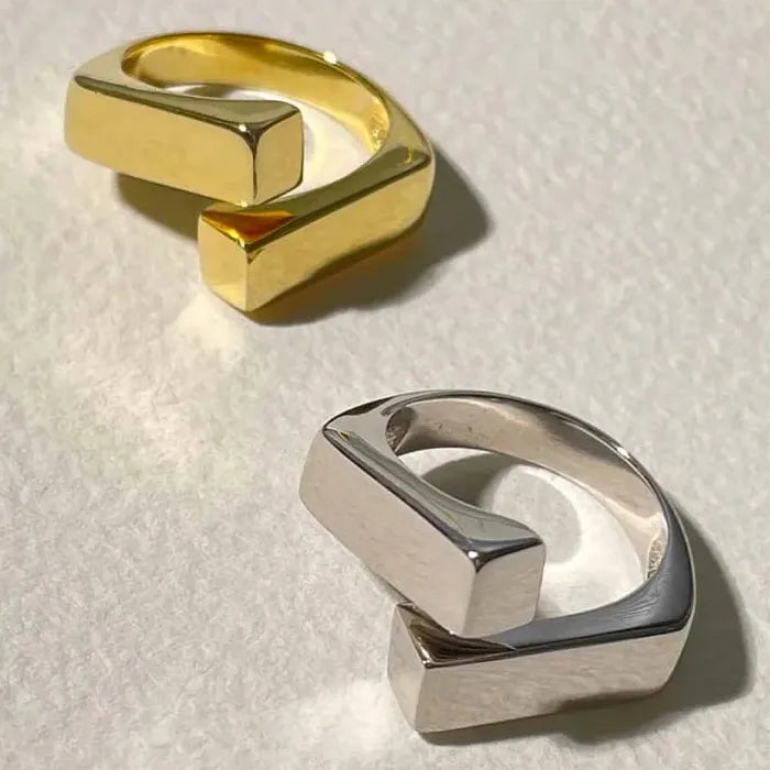 Korean Silver Geometric Rectangle Cross Adjustable Ring for Women Jewelry Gift