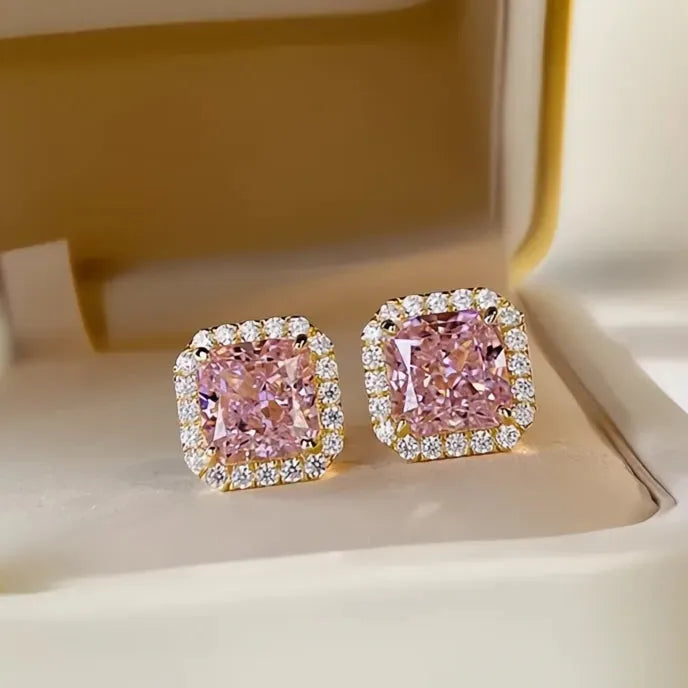 Princess Pink Cubic Zirconia Geometric Stud Earrings Gold Color Copper Alloy Jewelry for Women Wedding