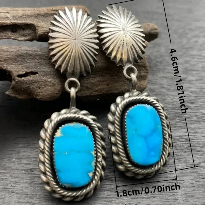 Vintage Blue Stone Geometric Drop Earrings Bohemian Ethnic Silver Zinc Alloy