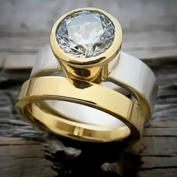 Two Tone 2Pcs Cubic Zirconia Brass Wedding Engagement Rings for Women