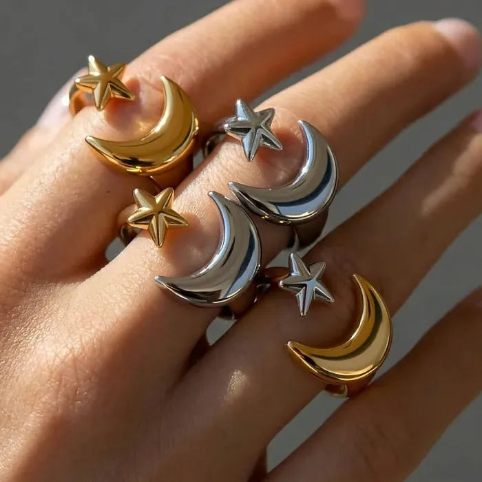 Adjustable Stainless Steel Gold Star Moon Ring for Women Celestial Gift