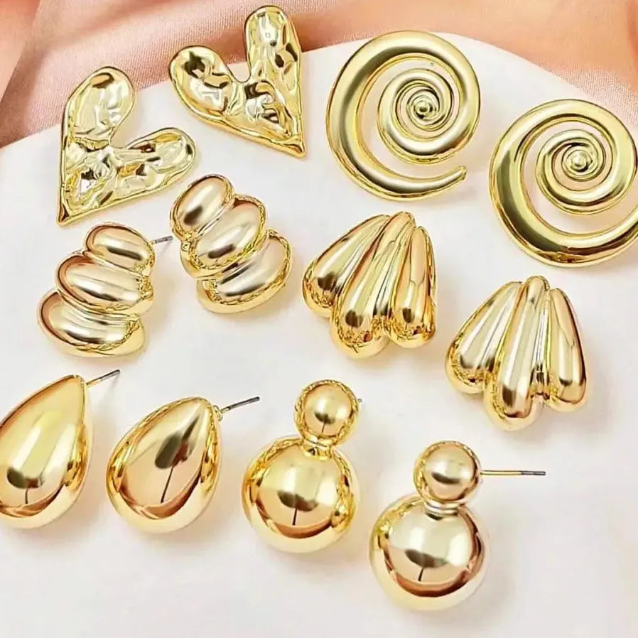 6 Pairs Vintage Gold Heart-Shaped Spiral Water Droplet Earrings for Women